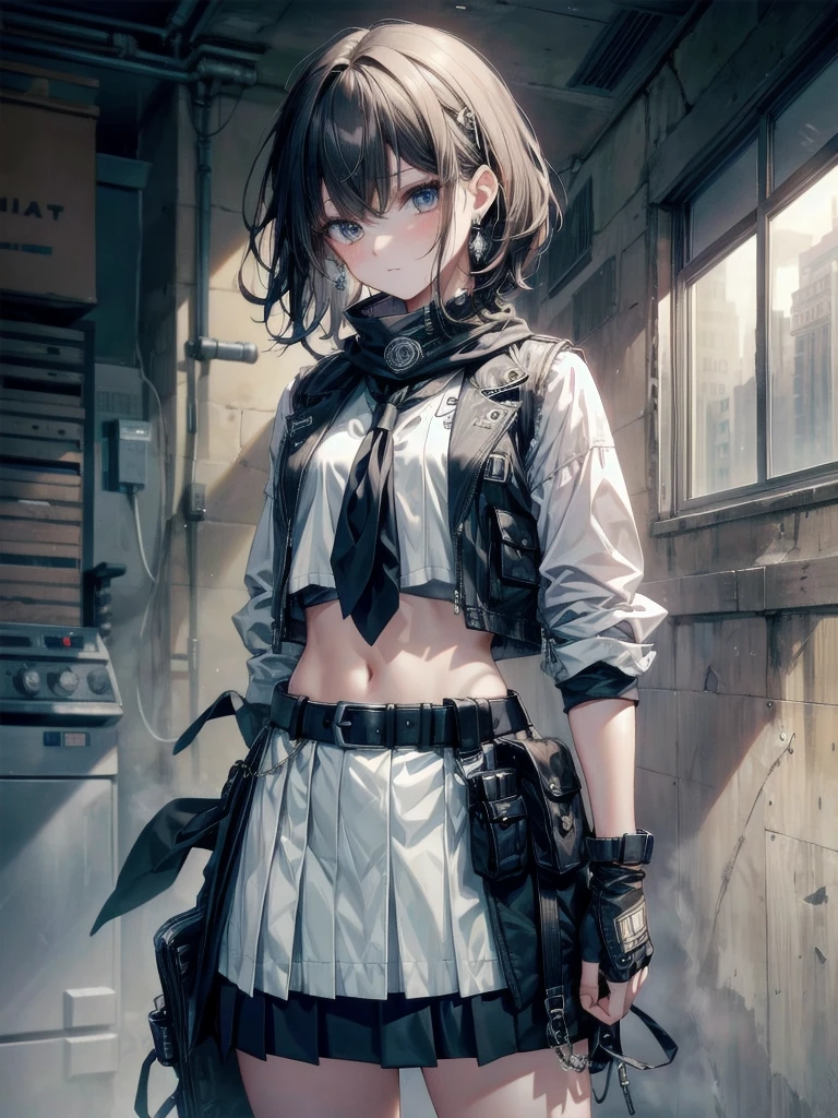 high-technology Equipment, cowgirl costume, vest, fingerless gloves, midriff, neckerchief, short skirt, holster, absurdres, RAW photo, extremely delicate and beautiful, masterpiece, Best Quality, ultra high resolution, 32k, hyperrealistic, ultra-detailed, detailed description, pale skin, 20 years old, tearful mole, earring, short medium hair, wavy hair, whole body shot,