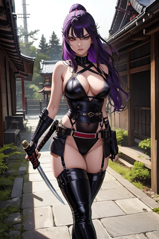 1girl, solo, An pretty woman, female assassin, goth ninja, long wavy purple hair, purple eyes, intricate face details, detailed face, large breasts, wide hip, (Wearing: Black ninja mask, leather leotard, long fingerless gloves, belt, long boots), holding a katana blade, full body, she's looking directly at the camera with a (fierce, dangerous, seductive) gaze. (Background: outdoors, forest, Japanese architecture in the surrounding, night time). The 4k textures showcases the utmost level of detail, while the cinematic lighting adds depth and mystery to the scene. Holding traditional samurai katana sword. Her gaze is both alluring and fierce, as she holds the sword with a delicate yet deadly grip.
