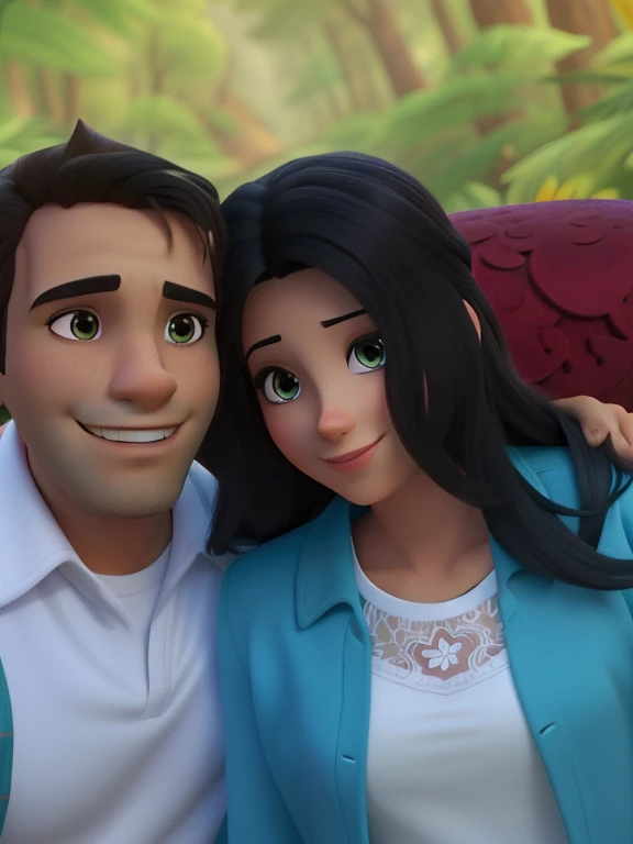 casal homem e uma mulher estilo Disney realista, floresta e montanhas ao fundo, carinho e romantismo