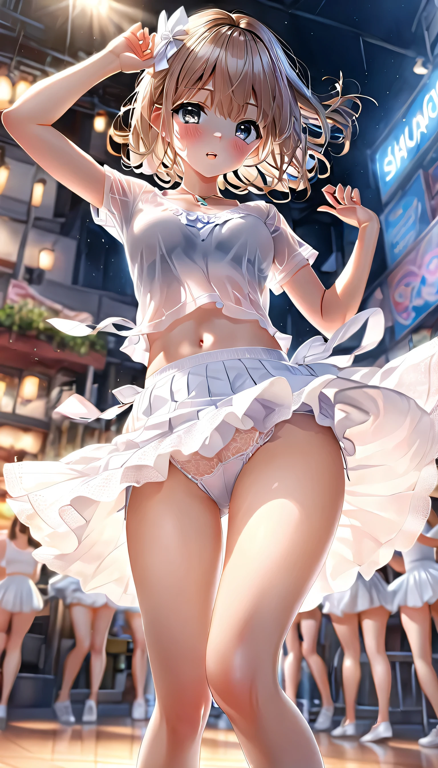 Girl, serahuku, Dancing, Short Skirt, Thighs, Upskirt, White Panties, ((ultra-detailed)), ((illustration)), (beautiful detailed eyes),,beautiful detailed eyes, depth of field,nice hands, perfect hands,