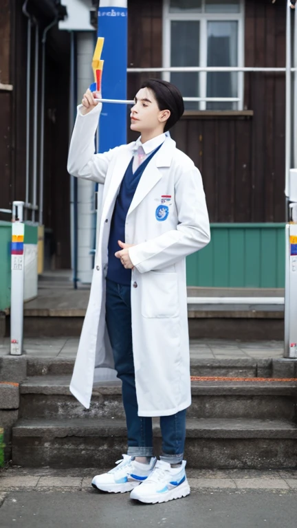 A tall male doctor in a white coat is measuring the height of a girl with a height meter,