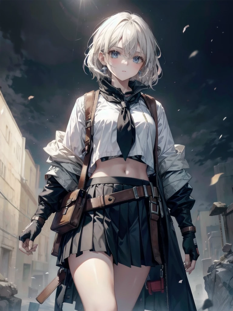 (high-technology Equipment), cowgirl costume, vest, fingerless gloves, midriff, neckerchief, short skirt, holster, absurdres, RAW photo, extremely delicate and beautiful, masterpiece, Best Quality, ultra high resolution, 32k, hyperrealistic, ultra-detailed, detailed description, pale skin, 20 years old, tearful mole, earring, short medium hair, wavy hair, whole body shot,