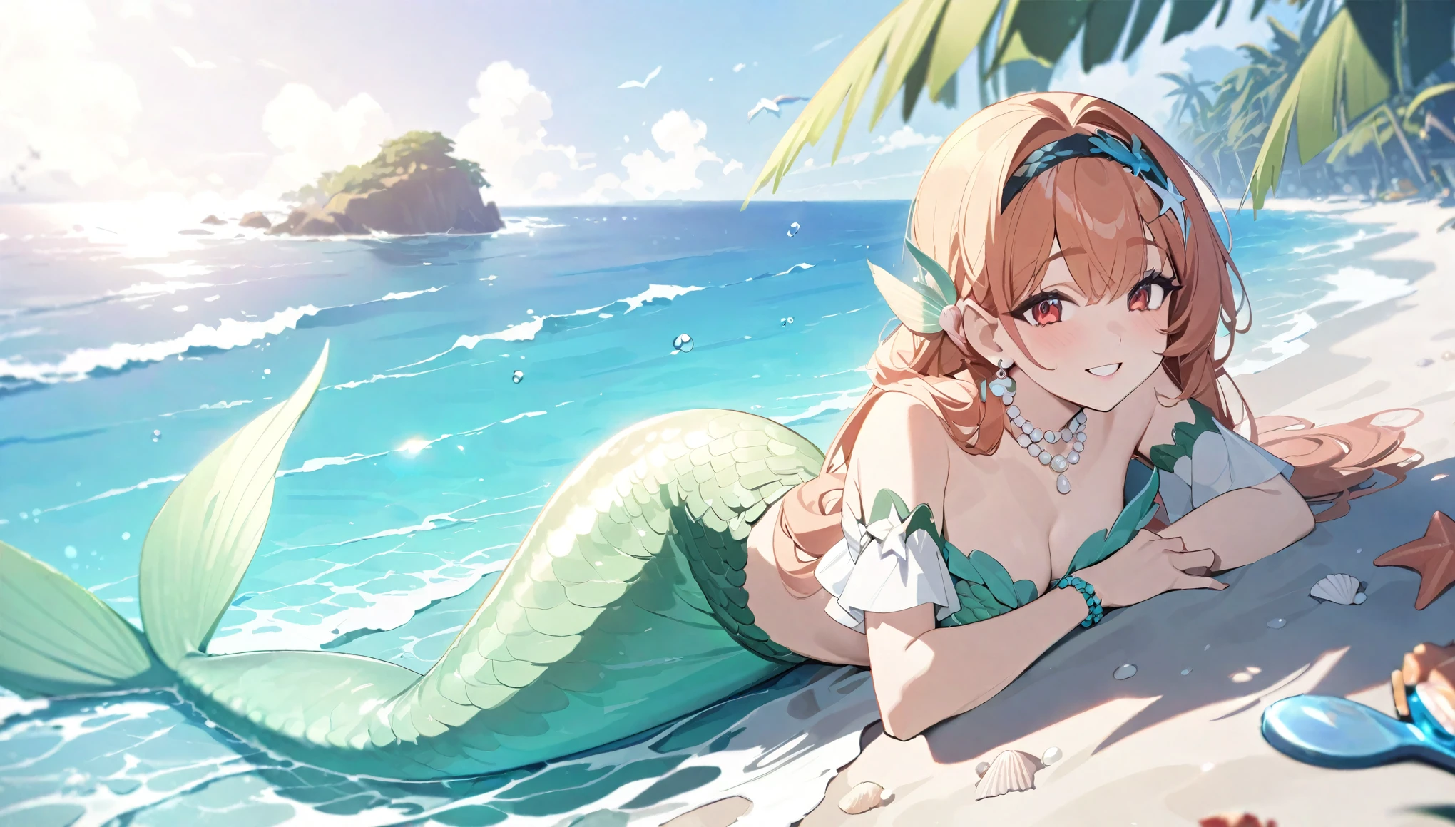 (best quality,4k,8k,highres,masterpiece:1.2),ultra-detailed,teenage girl gets magically transformed into a mermaid, fantasy transformation,red-eyed,beautiful detailed eyes,spiky long ginger hair,happiness,cute mermaid, long and detailed mermaid tail with shimmering green scales, seashell bra,pair of fish gills on her torso, red and black ribbon headband, starfish hair clips, pearl hair ornaments, pearl earrings and bracelets, pearl necklace, eye-catching accessories,beautifully detailed lips, lying on a sandy beach, new beautiful body,she’s smiling,embracing her new life has a mermaid, brushing her hair with an hairbrush, holding a small mirror, ocean waves,sparkling water,coconut trees,seagulls,coral reef,vibrant colors,magical glow,shimmering scales,sea breeze,warm sunlight,joyful expression,island paradise,lush tropical plants,dynamic composition,soft and smooth lines,expressive facial features,gentle water reflections,serene atmosphere, Highly detailed, masterpiece, high quality, 4K.