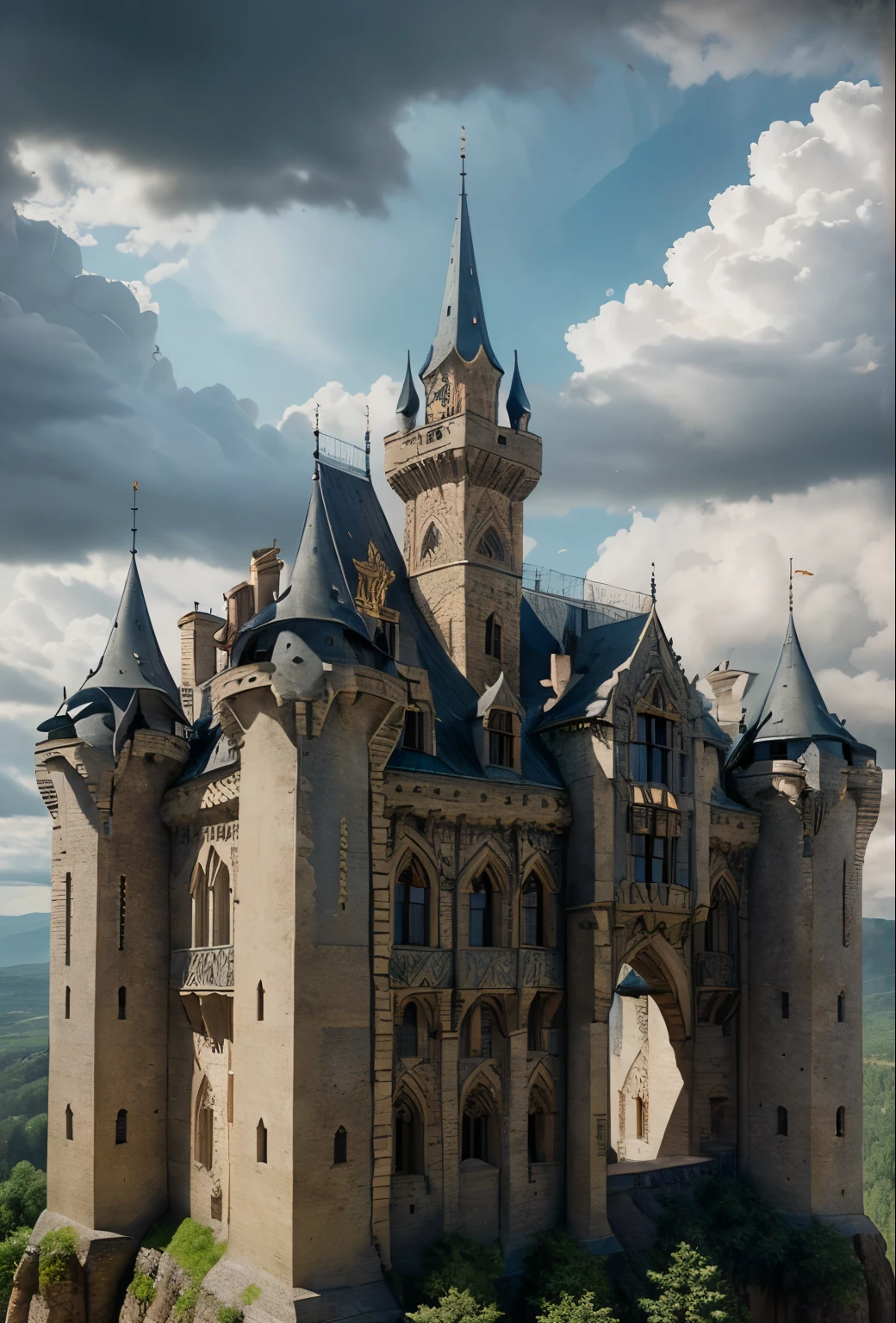 a huge medieval castle eupa, detailed stone architecture, massive towers, ornate windows, dramatic lighting, cloudy sky, lush green landscape, fantasy castle, epic scale, (best quality,4k,8k,highres,masterpiece:1.2),ultra-detailed,(realistic,photorealistic,photo-realistic:1.37),dramatic lighting,moody atmosphere,cinematic composition,epic scale,old stone, medieval, fantasy, castle, towers, turrets, windows, landscape, sky, clouds