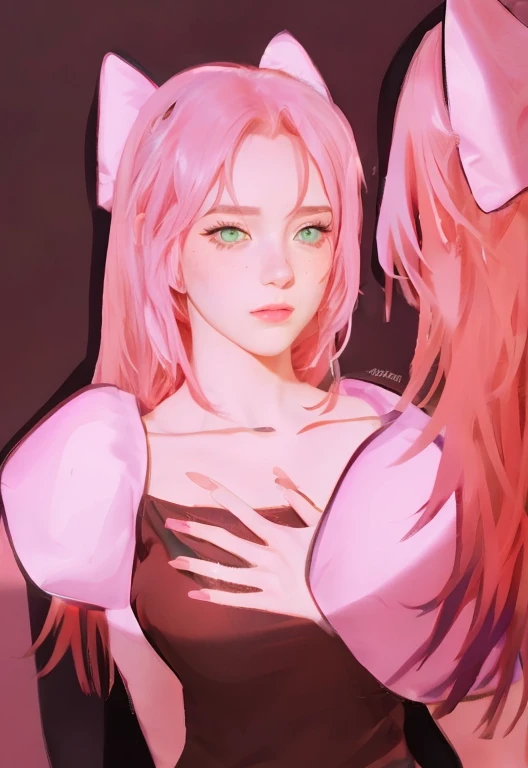 young woman, bubblegum pink hair, wide forehead, emerald green eyes, upturned nose, freckles on nose, thick pink lips, heart-shaped face, red clothes, Sakura Haruno, realism, well detailed, 3d
