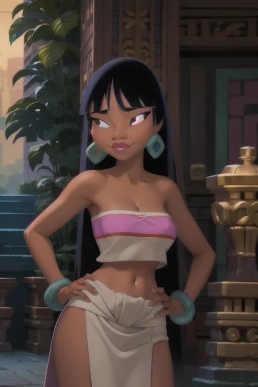 (masterpiece:1.2, best quality:1.2), ambient soft lighting, perfect lighting, 1girl, chel, black hair, long hair, blunt bangs, brown eyes, dark skin, lipstick, large breasts, wide hips, tube top, cleavage, bare shoulders, emerald earrings, emerald bracelets, upper body, solo, looking at the camera with a smug look on her face, hands on hips, market background
