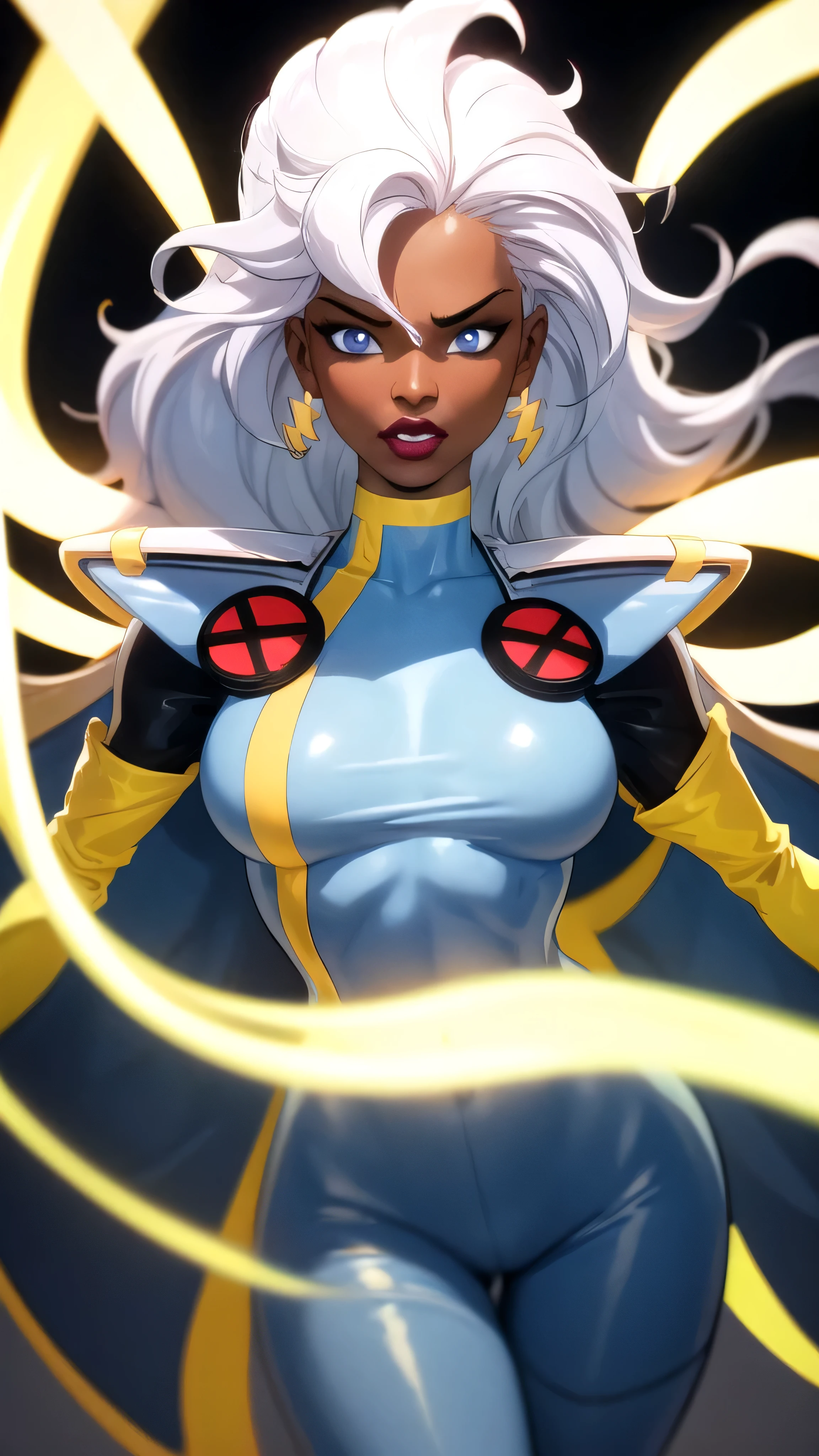 CARTOON_X_MENs_Storm,ownwaifu,
long hair,white hair,dark skin,dark-skinned female,breasts,lips,blue eyes,very dark skin,medium breasts,lipstick,floating hair,very long hair,makeup,big hair,curly hair,red lips,eyelashes,toned,
jewelry,earrings,cape,bracelet,bodysuit,gloves,superhero,choker,
 official art,extremely detailed CG unity 8k wallpaper, perfect lighting,Colorful, Bright_Front_face_Lighting,shiny skin, (masterpiece:1.0),(best_quality:1.0), ultra high res,4K,ultra-detailed, photography, 8K, HDR, highres, (absurdres:1.2), Kodak portra 400, film grain, blurry background, (bokeh:1.2), lens flare, (vibrant_color:1.2),professional photograph, (beautiful_face:1.5),