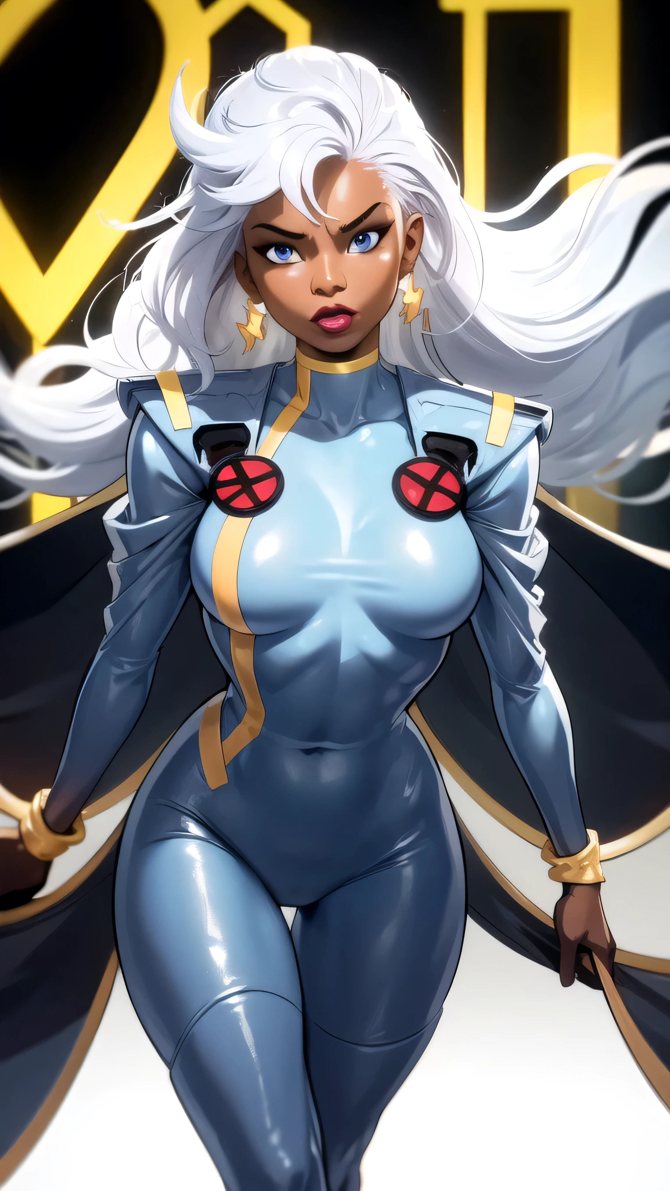 CARTOON_X_MENs_Storm,ownwaifu,
long hair,white hair,dark skin,dark-skinned female,breasts,lips,blue eyes,very dark skin,medium breasts,lipstick,floating hair,very long hair,makeup,big hair,curly hair,red lips,eyelashes,toned,
jewelry,earrings,cape,bracelet,bodysuit,gloves,superhero,choker,
 official art,extremely detailed CG unity 8k wallpaper, perfect lighting,Colorful, Bright_Front_face_Lighting,shiny skin, (masterpiece:1.0),(best_quality:1.0), ultra high res,4K,ultra-detailed, photography, 8K, HDR, highres, (absurdres:1.2), Kodak portra 400, film grain, blurry background, (bokeh:1.2), lens flare, (vibrant_color:1.2),professional photograph, (beautiful_face:1.5),