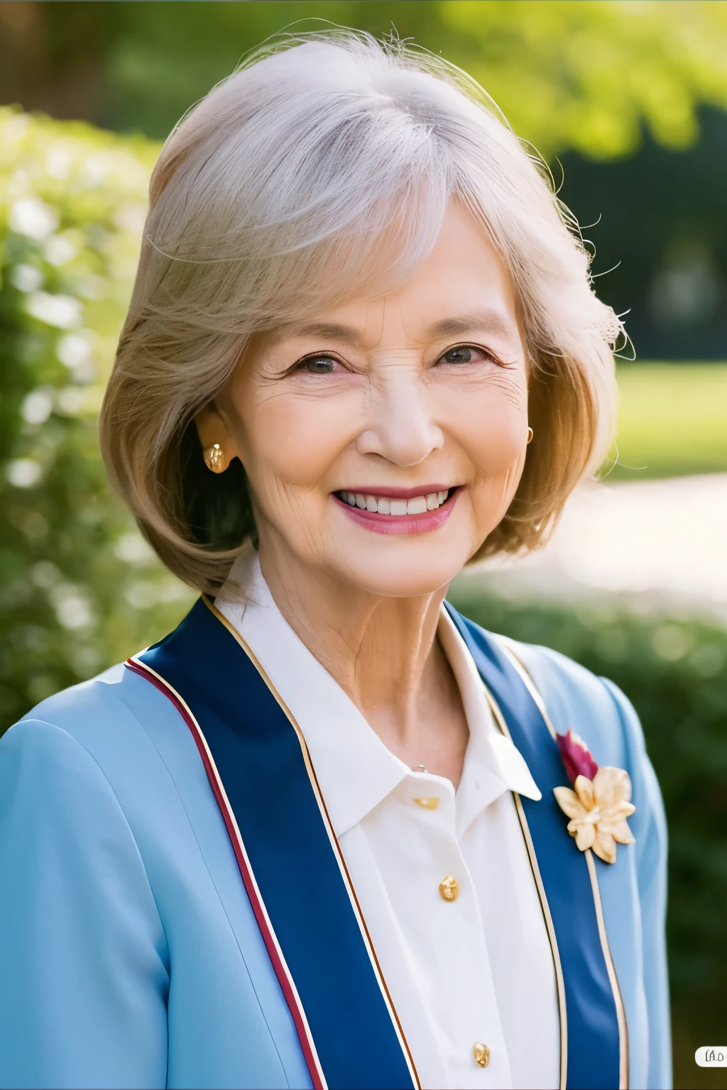 87 years old、smile、beautiful、high class clothes, classy、Shining eyes、stare、