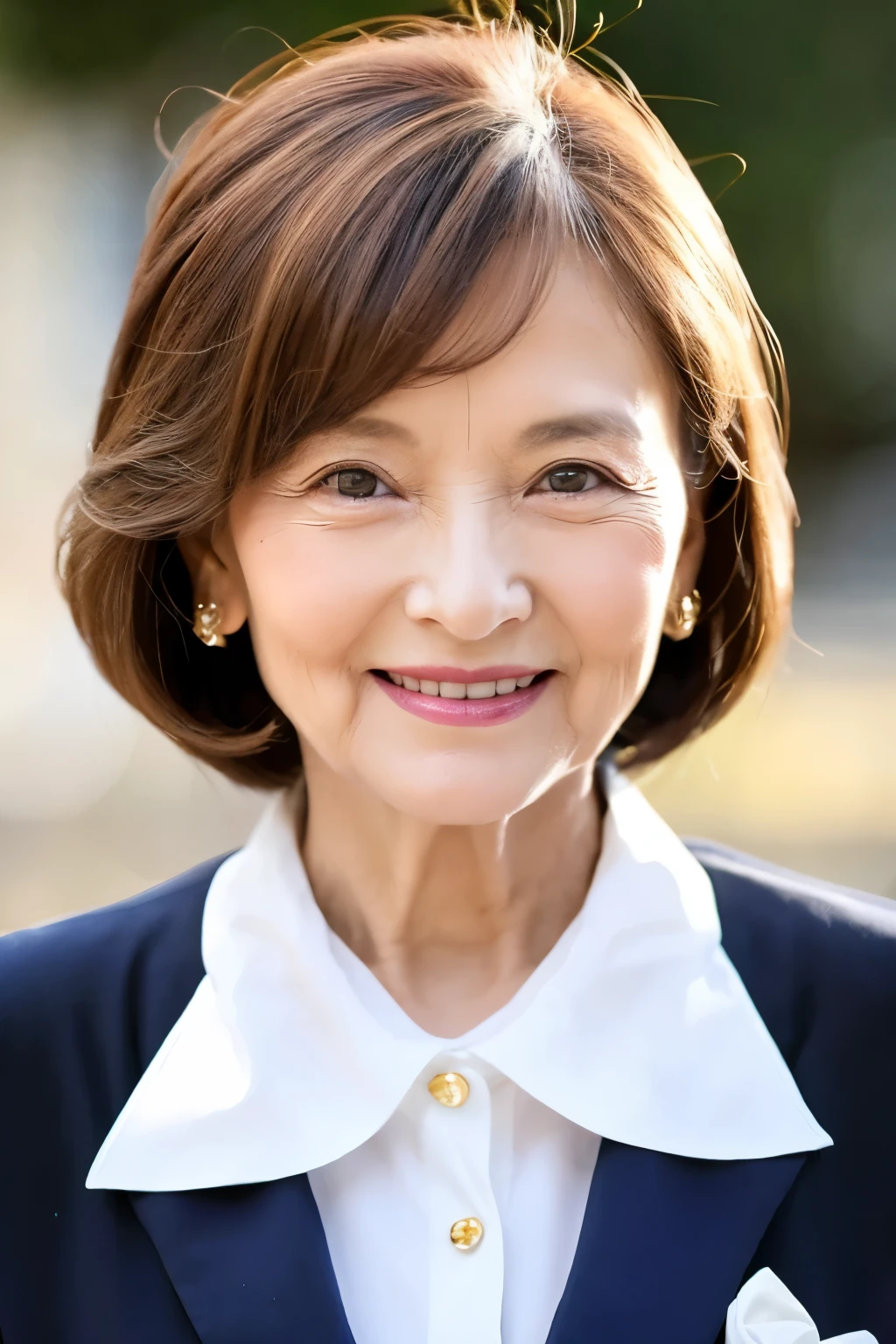87 years old、smile、beautiful、high class clothes, classy、Shining eyes、stare、