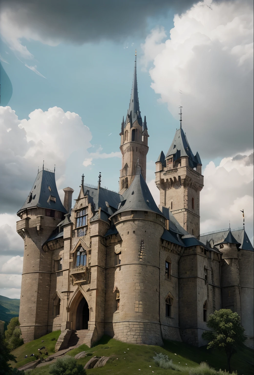 a huge medieval castle eupa, detailed stone architecture, massive towers, ornate windows, dramatic lighting, cloudy sky, lush green landscape, fantasy castle, epic scale, (best quality,4k,8k,highres,masterpiece:1.2),ultra-detailed,(realistic,photorealistic,photo-realistic:1.37),dramatic lighting,moody atmosphere,cinematic composition,epic scale,old stone, medieval, fantasy, castle, towers, turrets, windows, landscape, sky, clouds