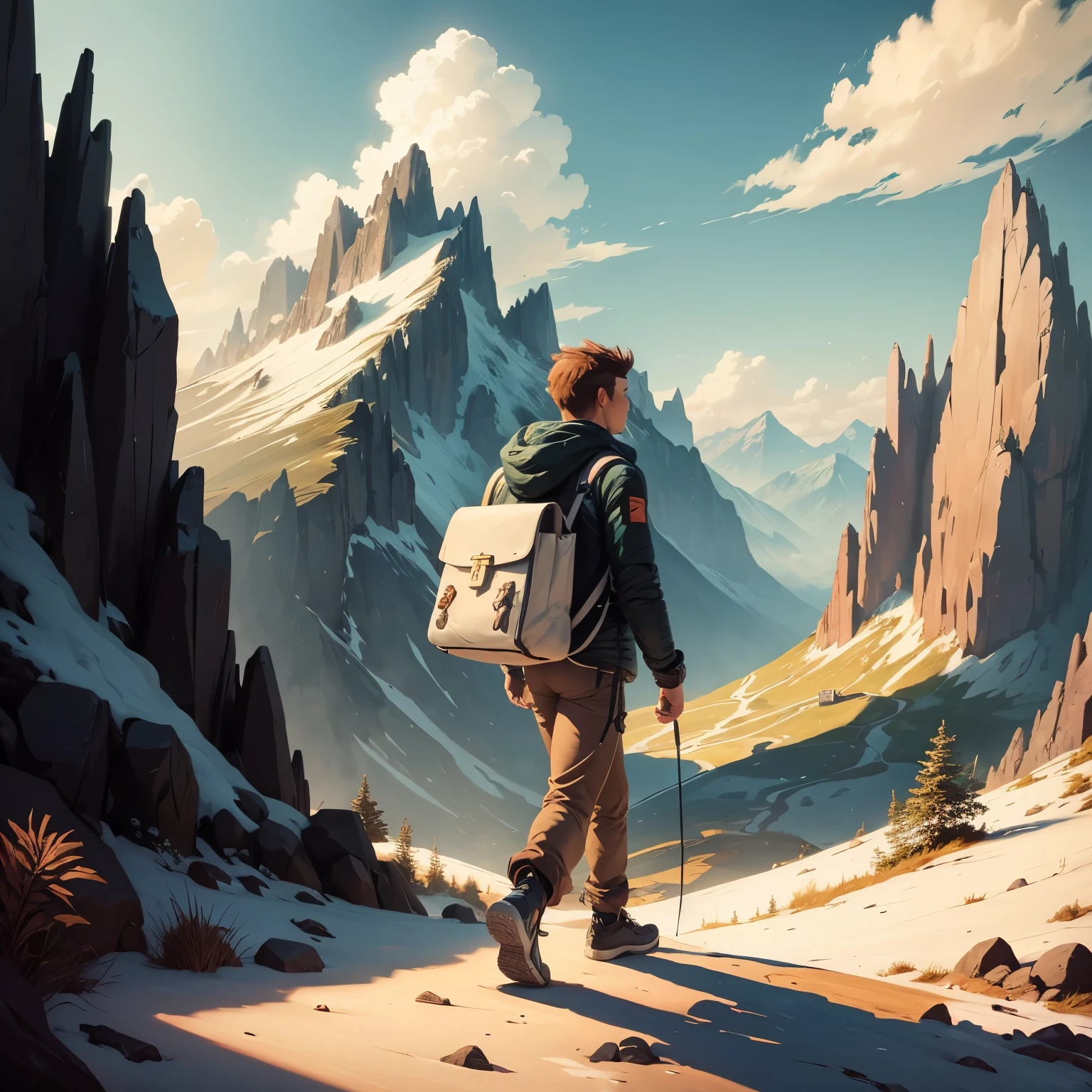 A cartoon family walking among the mountains with backpacks and a holy bible in their hands
