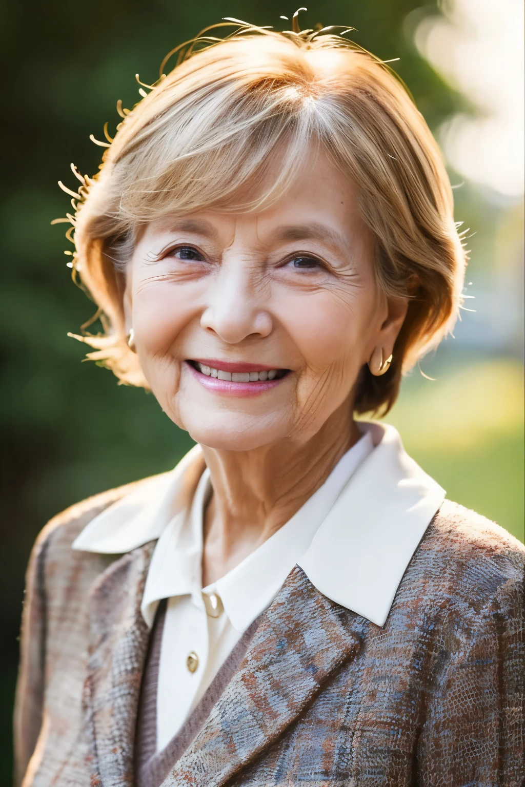 87 years old、smile、beautiful、high class clothes, classy、Shining eyes、stare、