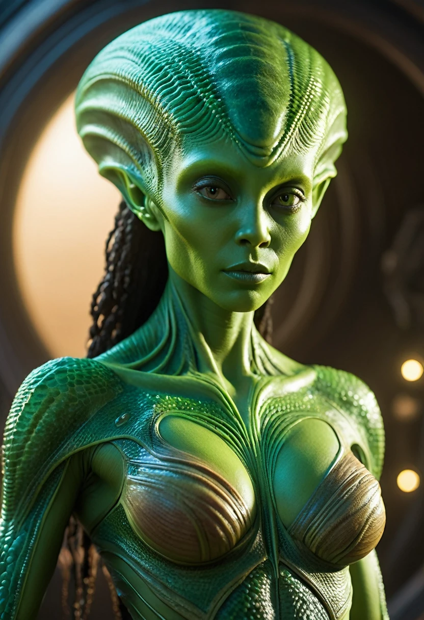 (best high quality:1.5), ((8k)), extremely detailed, (High details:1.4), Solo, Female alien from another planet, her skin is [green and looks like scales], she has perfect breasts [perfect round huge breasts:1.5],
