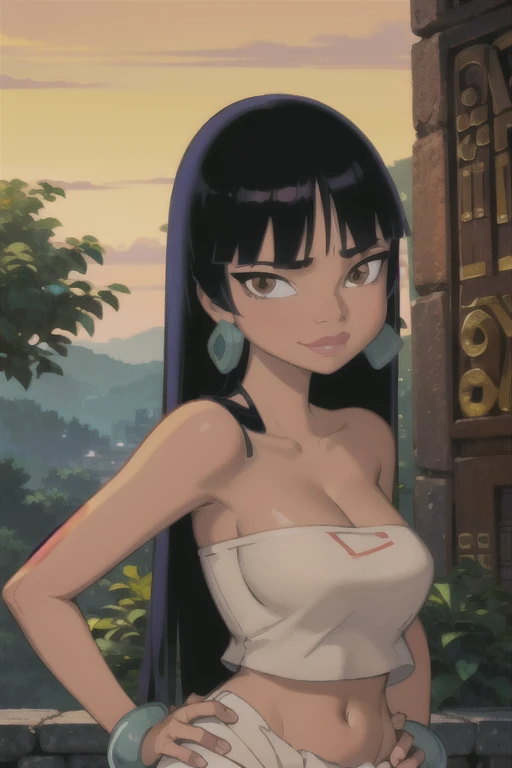 (masterpiece:1.2, best quality:1.2), ambient soft lighting, perfect lighting, 1girl, chel, black hair, long hair, blunt bangs, brown eyes, dark skin, lipstick, large breasts, wide hips, tube top, cleavage, bare shoulders, emerald earrings, emerald bracelets, upper body, solo, looking at the camera with a smug look on her face, hands on hips, market background