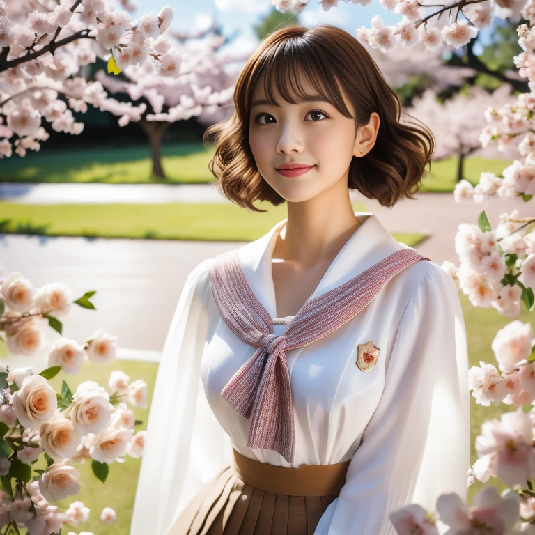 (masterpiece, highest quality:1.2, Analog Film, Realistic:1.7), (Upper Shot), In a beautiful garden, (Japanese actress, Playing a beautiful graduating student, Staring sadly into the distance, brunette curly short, Big and pretty eyes, (To shed tears and grieve, smile), (A cute long-sleeved uniform:1.3, blouse, (Shapely large breasts:1.3), knee-length pleated skirt:1.8, Cute Socks, loafers), Floral Background, Cherry Blossom, rose, High resolution:1.4, A natural soft light falls on her hips., Wide Shot