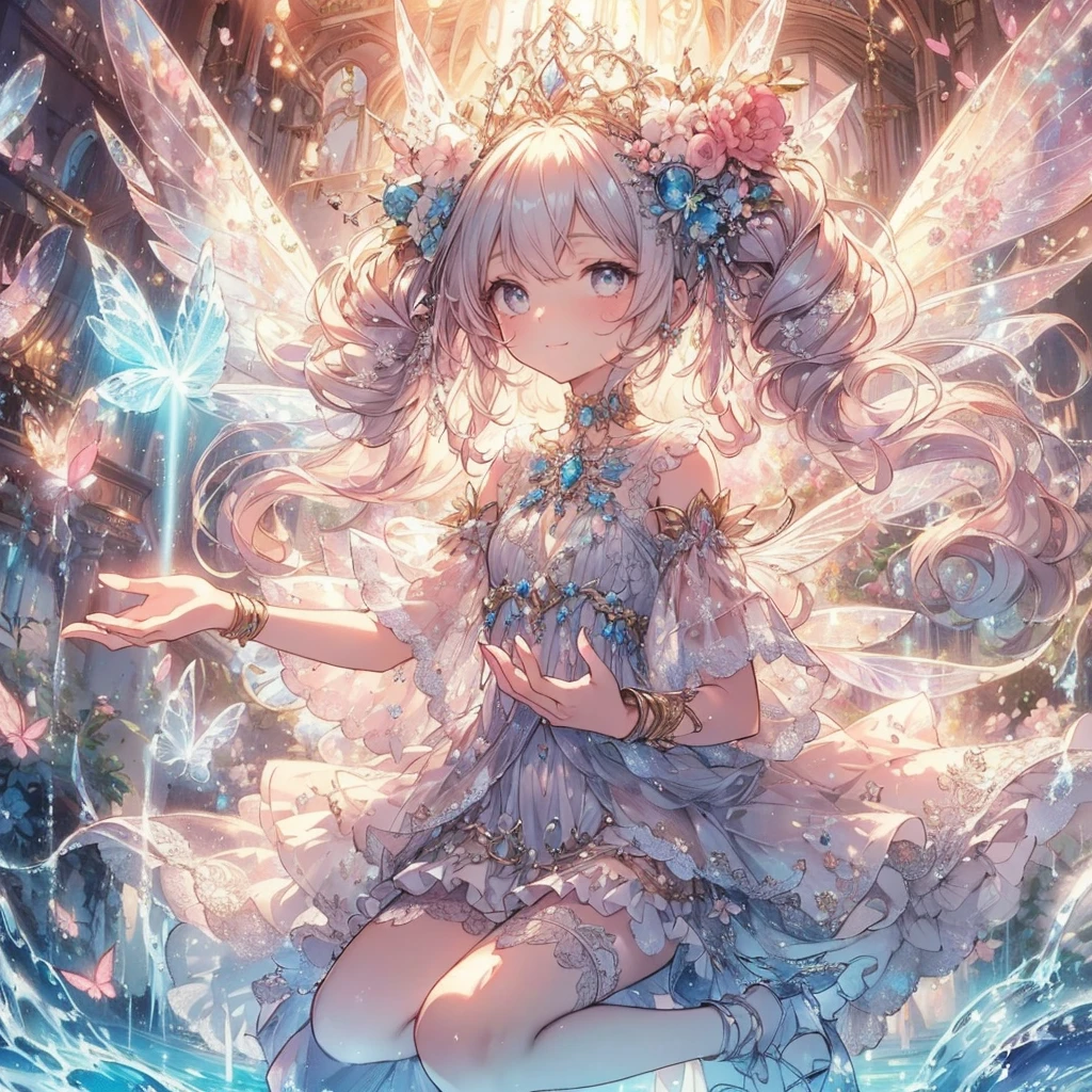 (Exquisite, beautiful, Very detailed, masterpiece, High resolution,high quality,High resolution),(A neat, clear and well-proportioned face drawn with thin lines,Cute and delicate beautiful girl illustration in pastel colors) , The background is a divine and mystical place, with a beautiful, maternal adult fairy princess with fairy wings floating in the air by the water, casting magic around her body with her fingertips and controlling the water.,(Beautiful, clear fairy wings grow from her back.), (Smile and smile), She is wearing a pearl tiara, earrings, and choker, as well as a pastel-colored swimsuit decorated with ribbons and frills., (A fair-skinned, short eyebrowed fairy with pale pink cheeks, a small toothless mouth with plump pink lips, beautiful eyes, and a fairly large, fluffy bust.),Vibrant and eye-catching colors,Fantastic and dreamy colored pencil art,