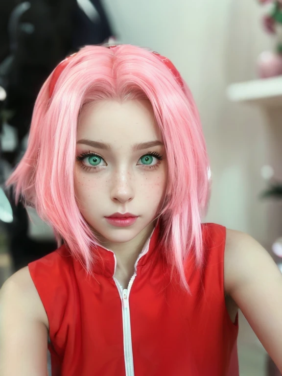 young woman, bubblegum pink hair, wide forehead, emerald green eyes, upturned nose, freckles on nose, thick pink lips, heart-shaped face, red clothes, Sakura Haruno, realism, well detailed, 3d