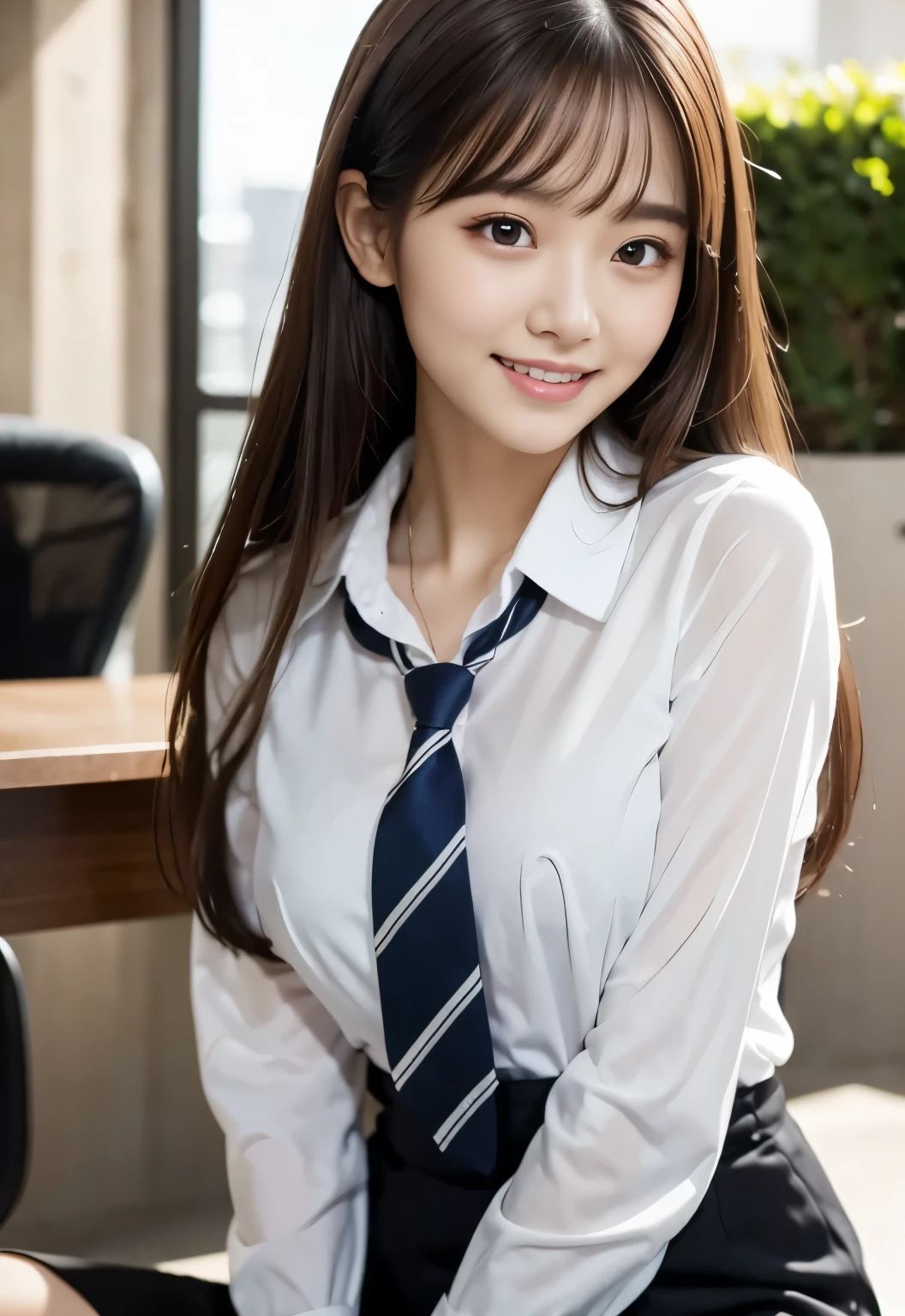 (masterpiece, best quality:1.1), (8k, raw photo, photo realistic:1.2, f22), (shiny skin), detailed skin,long hair,ribbon,detailed face, detailed eyes,smile,BREAK, real world, intricate details, smil, BREAK, 1girl, full body,( shirt,tie),BREAK, (Office:1.4)