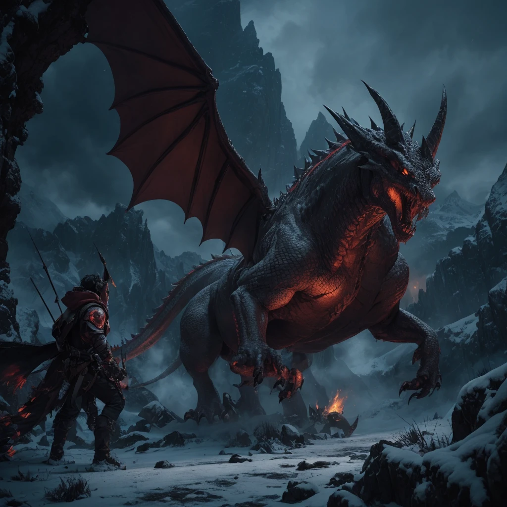 black dragon with white edges and a red star on its chest, observing a kingdom from a hilltop during dawn, hyper realistic, 8k, highly detailed, vibrant colors, dramatic lighting, cinematic composition, epic fantasy, concept art