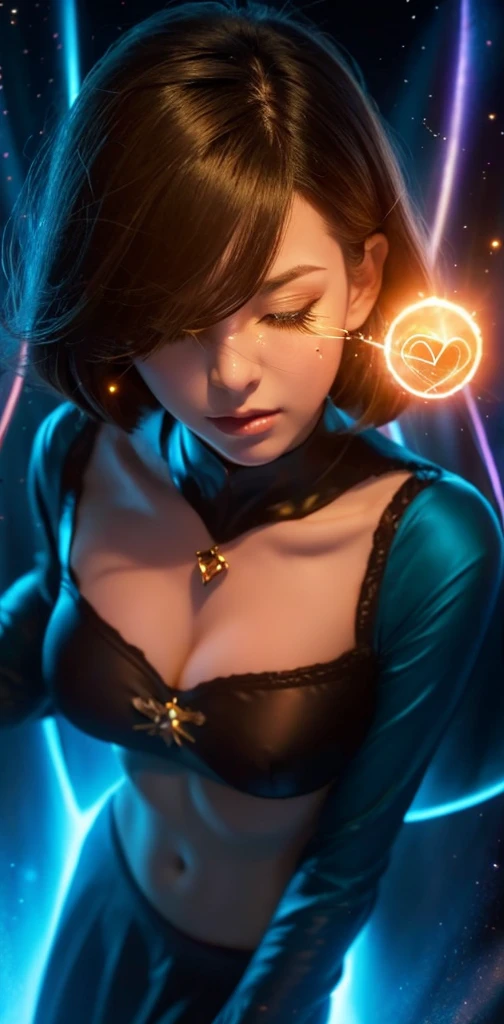Realistic Shadows, Depth of written boundary, Bokeh, 1 girl, Adult (Elf:0.7) woman, Amber Eyes, Dark brown wedge cut hair,
alone, from the front, Front view, (whole body:0.6), (close your eyes:1.1), Detailed Background, Detailed face, (Void 3 Energy, Void Theme:1.1) A magical third eye glowing on his forehead, Tattoo on the eye, Magician, superpower, consciousness, Mind control, hypnotism, Enchantment, Psychomancy, clairvoyance, Fascinating, aura, Mind Portal, Heart Energy, Magical blue spiritual energy radiates。, Updraft, Background magic, Mysterious atmosphere,