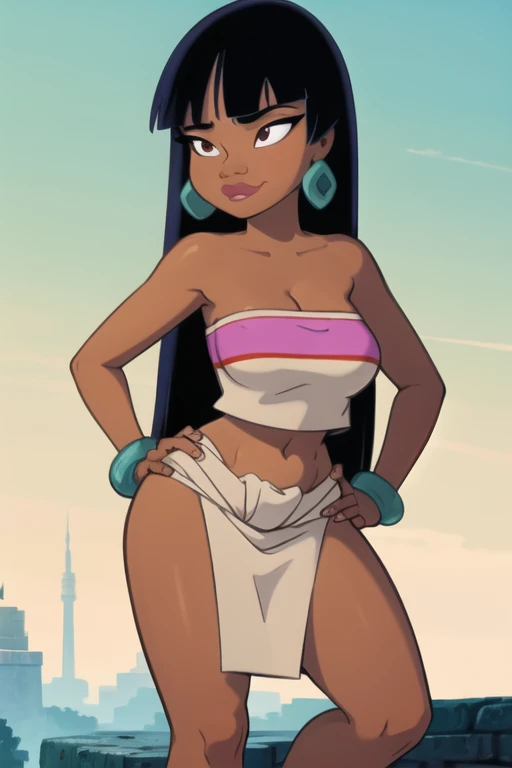 (masterpiece:1.2, best quality:1.2), ambient soft lighting, perfect lighting, 1girl, solo, chel, black hair, long hair, blunt bangs, brown eyes, dark skin, lipstick, large breasts, wide hips, tube top, cleavage, (midriff), bare shoulders, emerald earrings, emerald bracelets, looking at the camera with a smug look on her face, hands on hips, market background, full body market
