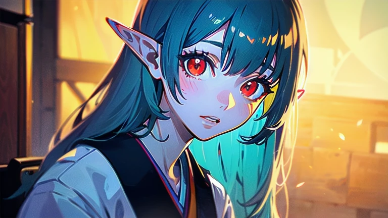 RAW, Realism, hyperrealism, ray tracing, high details, super detail, UHD, 8k, professional photograph, movie photograph, medium shot, Female elf, twenty years old, night, athletic body, soft facial features, long hair, straight hair, (((pacific cyan hair))), (((red eyes faded to yellow))), japanese female uniform, traditional japanese village