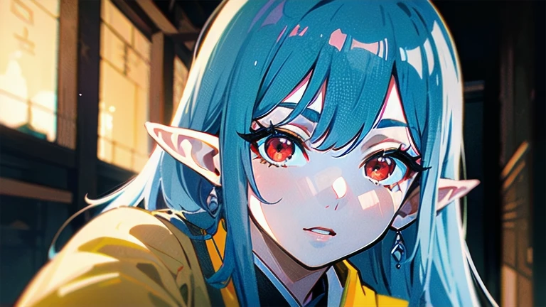 RAW, Realism, hyperrealism, ray tracing, high details, super detail, UHD, 8k, professional photograph, movie photograph, medium shot, Female elf, twenty years old, night, athletic body, soft facial features, long hair, straight hair, (((pacific cyan hair))), (((red eyes faded to yellow))), japanese female uniform, traditional japanese village