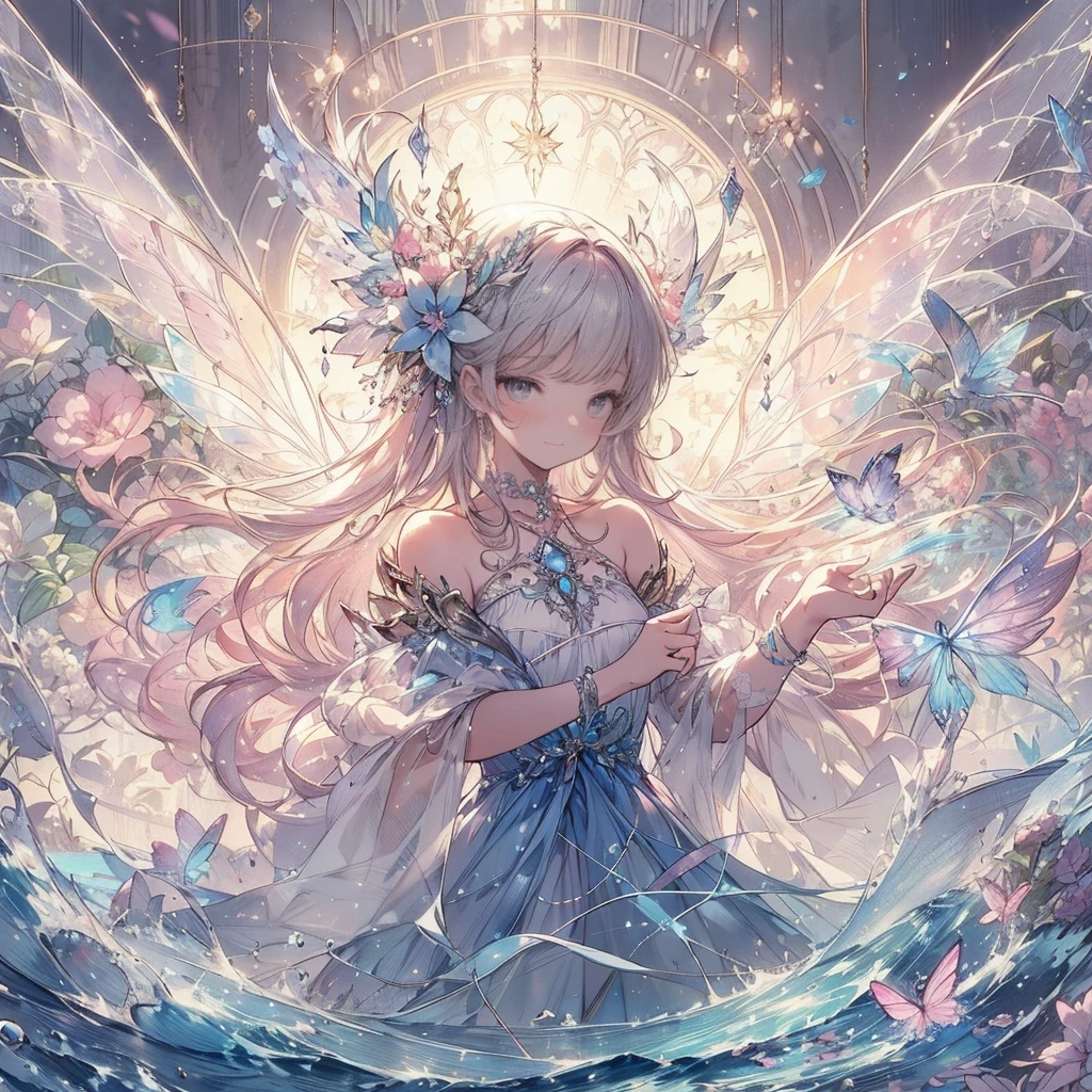 (Exquisite, beautiful, Very detailed, masterpiece, High resolution,high quality,High resolution),(A neat, clear and well-proportioned face drawn with thin lines,Cute and delicate beautiful girl illustration in pastel colors) , The background is a divine and mystical place, with a beautiful, maternal adult fairy princess with fairy wings floating in the air by the water, casting magic around her body with her fingertips and controlling the water.,(Beautiful, clear fairy wings grow from her back.), (Smile and smile), She is wearing a pearl tiara, earrings, and choker, as well as a pastel-colored swimsuit decorated with ribbons and frills., (A fair-skinned, short eyebrowed fairy with pale pink cheeks, a small toothless mouth with plump pink lips, beautiful eyes, and a fairly large, fluffy bust.),Vibrant and eye-catching colors,Fantastic and dreamy colored pencil art,