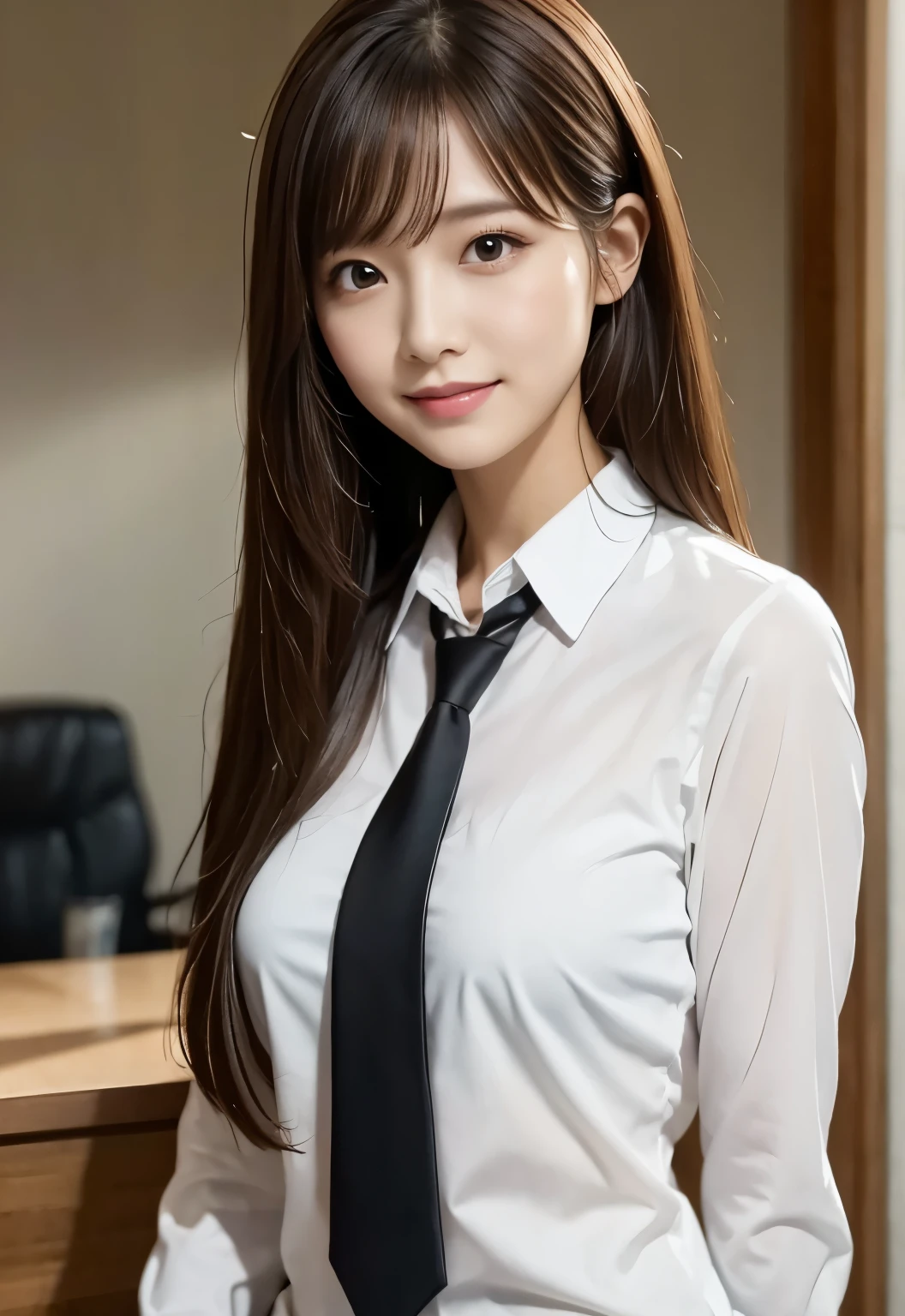 (masterpiece, best quality:1.1), (8k, raw photo, photo realistic:1.2, f22), (shiny skin), detailed skin,long hair,ribbon,detailed face, detailed eyes,smile,BREAK, real world, intricate details, smil, BREAK, 1girl, full body,( shirt,tie),BREAK, (Office:1.4)
