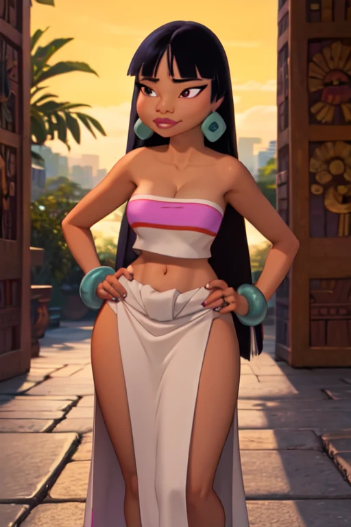 (masterpiece:1.2, best quality:1.2), ambient soft lighting, perfect lighting, 1girl, solo, chel, black hair, long hair, blunt bangs, brown eyes, dark skin, lipstick, large breasts, wide hips, tube top, cleavage, (midriff), bare shoulders, emerald earrings, emerald bracelets, looking at the camera with a smug look on her face, hands on hips, market background, full body market
