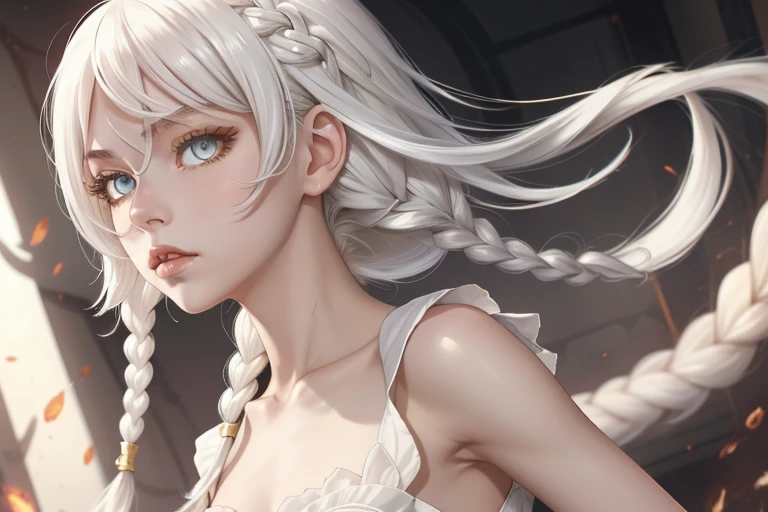 Best quality, Masterpiece,White hair, Golden eyes,White clothes, seek, Upper body,Strand of hair,Fair complexion,Side braids