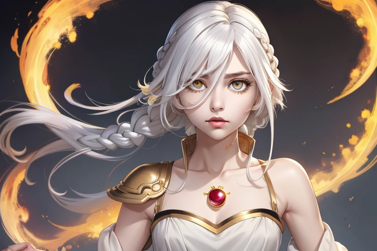 Best quality, Masterpiece,White hair, Golden eyes,White clothes, seek, Upper body,Strand of hair,Fair complexion,Side braids