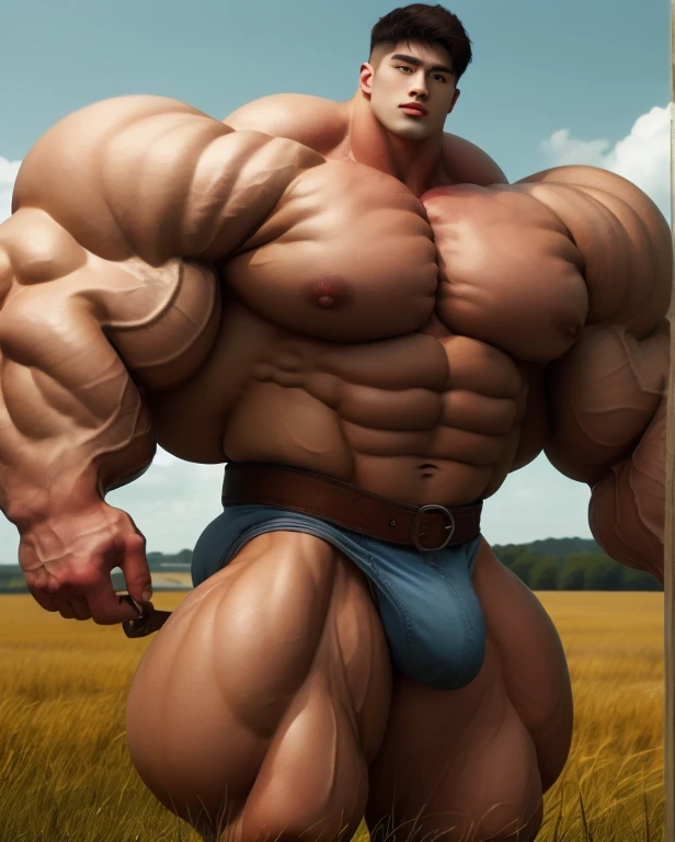 1 asian man, handsome, giant, buzz haircut, model shoot style, looking at camera, standing up, cool ambiance, outdoor, commercial photoshoot, large dry meadows, strong body, bulk, naked, wear grey prominently bulge trunks, big, brutalmass, giant, muscular body, bulk, massive body, large meaty body size, brown skin, huge arms, ballooning meaty chests