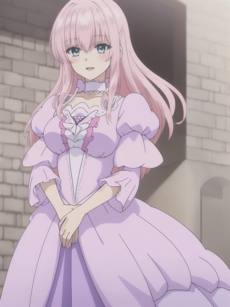 (((Best quality))),((Ultra-detailed)),((illustration)),((Disheveled hair)),((frilld)),(1 girl),
 1girl , bangs , blue eyes , breast lift , breasts , brick wall , choker , covered nipples , dress , eyebrows visible through hair , frills , impossible clothes , indoors , large breasts , long hair , looking at viewer , open mouth , own hands together , pink hair , puffy short sleeves , puffy sleeves , purple dress , ribbon choker , short sleeves , smile , solo , window