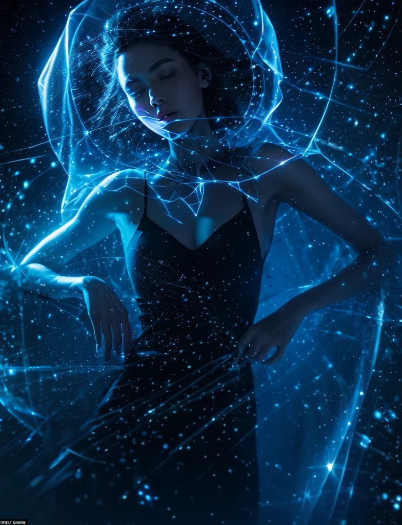 Beyond the limits of vision,Sit on a chair、Enter the quantum world with a digital canvas. Illuminating the screen with the mysterious glow of quantum entanglement, Particles perform a mesmerizing dance, Violating the logic of classical reality. Expressing uncertainty through light-dark contrast, draw a picture,Each pixel is a probabilistic brushstroke in the grand picture of quantum mechanics.. Immerse the viewer in contradictory overlaps, country々coexist in a delicate balance, Challenging the nature of our perception and understanding. In this pixelated quantum matrix, Creating a visual symphony that reflects the nuclear universe.Young girl,Long black hair,White Dress