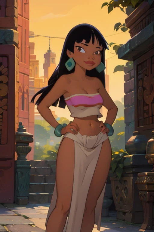 (masterpiece:1.2, best quality:1.2), ambient soft lighting, perfect lighting, 1girl, solo, chel, black hair, long hair, blunt bangs, brown eyes, dark skin, lipstick, large breasts, wide hips, tube top, cleavage, (midriff), bare shoulders, emerald earrings, emerald bracelets, looking at the camera with a smug look on her face, hands on hips, market background, full body shot
