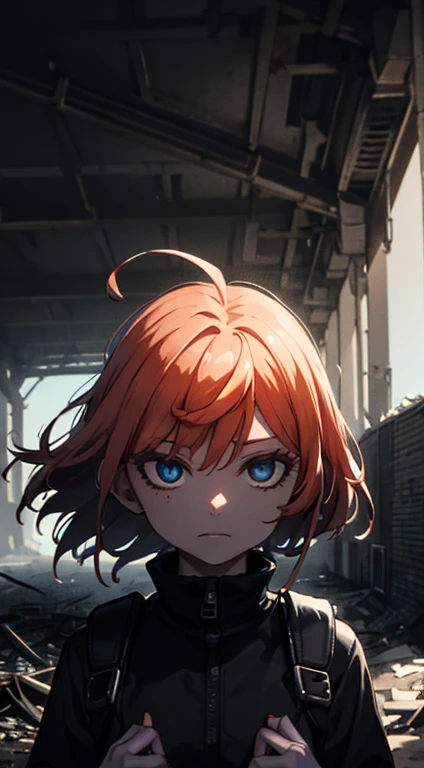 (best quality, highres, masterpiece:1.2), portrait, 1girl, military outfit, wearing backpack, holding flashlight in hands, correct hands, flashlight pose, dramatic lighting, detailed face, apocalyptic destroyed city background, realistic scenery, vibrant colors, intense shadows, rusty debris, crumbling buildings, smoky atmosphere, haunting ambiance, urban decay, post-apocalyptic setting, determined expression, piercing eyes, windblown hair, epic composition, dynamic angle, detailed textures, atmospheric perspective, ruined streets, eerie silence, sense of danger, desolate landscape, cinematic atmosphere