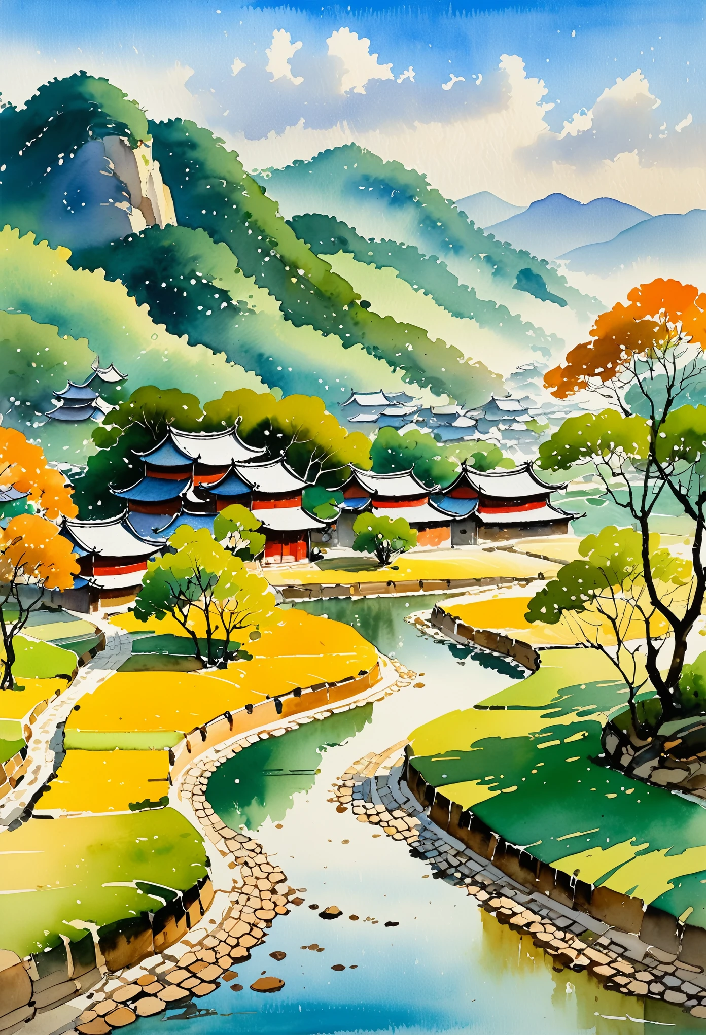 a beautiful watercolor painting of a tranquil rural landscape, a quaint old village by a small winding river, in the style of Chinese artist Wu Guanzhong, serene and peaceful atmosphere, warm color palette, delicate brushstrokes, soft focus, hazy lighting, detailed architecture and foliage, picturesque scenery, (best quality,4k,8k,highres,masterpiece:1.2),ultra-detailed,(realistic,photorealistic,photo-realistic:1.37),digital art,landscape,highly detailed,intricate details,vibrant colors,natural lighting,atmospheric,serene,traditional Chinese painting