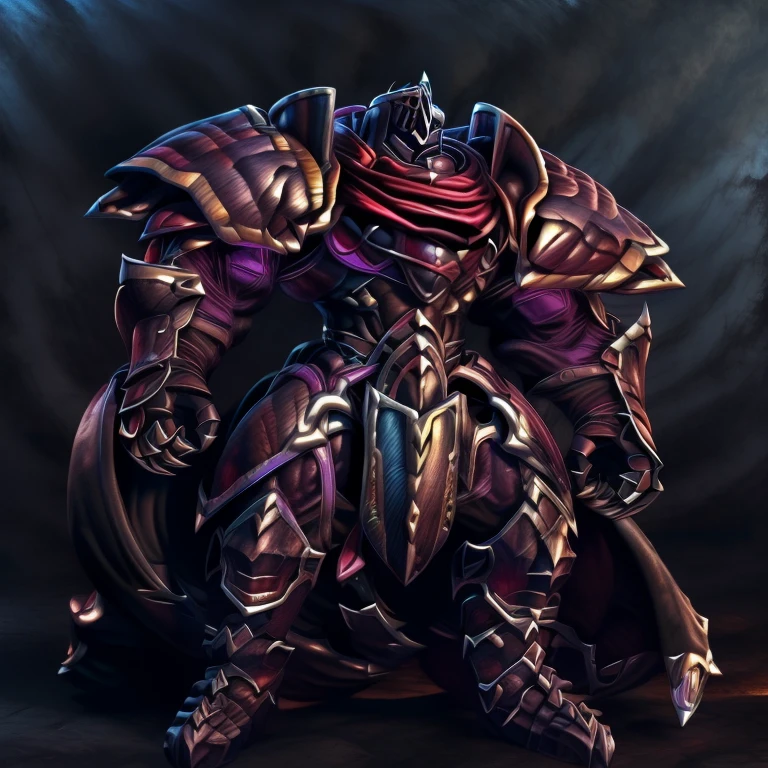 (masterpiece, best quality, detailed:1.2) (Pokémon) LUCARIO, detailed full body, a knight's mechanical armor, glowing wide and heavy armor, wears full body armor. massive muscles, huge pecs, chiseled abs, huge pectorals, exaggeratedly huge muscles. wearing a cloak. unusually developed muscular body big muscle, pecs, triceps, traps, waist narrow, unusually developed muscular body, Dark knight, BlackKnight_fe, The claws are sharp, Sharp teeth, He wears a black cloak on his back. 