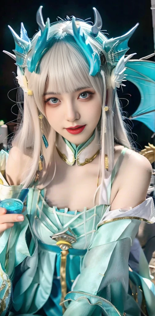 anime style image,Woman in blue dress and dragon headdress,Drank,White-haired God,Full Body Shanxia,Portrait of a Dragon Girl,Exterior