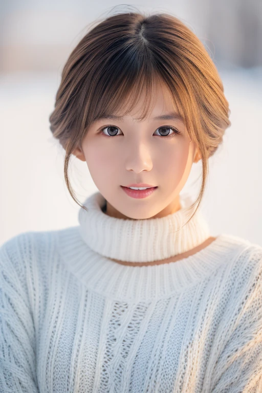 Young Japanese Woman, 30th Generation, White Background, White brown hair, thin, 4K, In 8K, high quality, beauty, Beautiful Eyes, High resolution,1 person, Beautiful skins, Wearing a white knit, Winters, lipstick