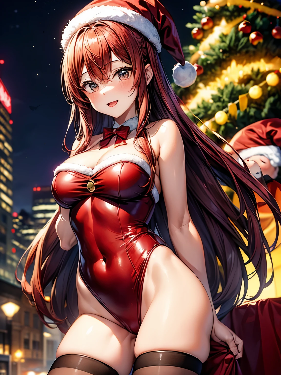 highest quality、Nice sexy body、One Woman、solo、(Beautiful busty woman:1.5)、Medium hair woman、((Woman with dark red hair))、Santa Claus Costume、Woman wearing a Santa Claus hat、(A woman wearing a red Santa Claus high-leg leotard:1.3)、(A woman wearing brown pantyhose)、A woman wearing a red Santa Claus cape、Smiling woman、Christmas tree、Snowy cityscape、illumination