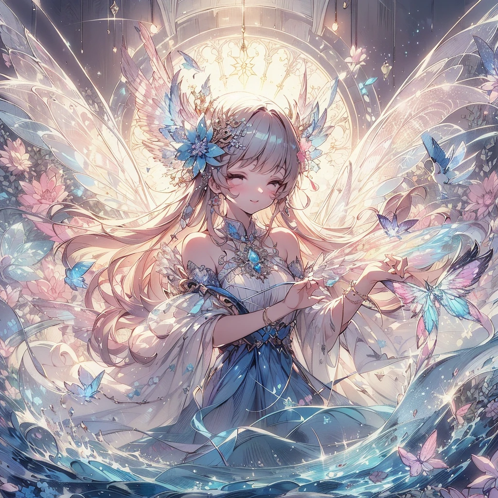 (Exquisite, beautiful, Very detailed, masterpiece, High resolution,high quality,High resolution),(A neat, clear and well-proportioned face drawn with thin lines,Cute and delicate beautiful girl illustration in pastel colors) , The background is a divine and mystical place, with a beautiful, maternal adult fairy princess with fairy wings floating in the air by the water, casting magic around her body with her fingertips and controlling the water.,(Beautiful, clear fairy wings grow from her back.), (Smile and smile), She is wearing a pearl tiara, earrings, and choker, as well as a pastel-colored swimsuit decorated with ribbons and frills., (A fair-skinned, short eyebrowed fairy with pale pink cheeks, a small toothless mouth with plump pink lips, beautiful eyes, and a fairly large, fluffy bust.),Vibrant and eye-catching colors,Fantastic and dreamy colored pencil art,