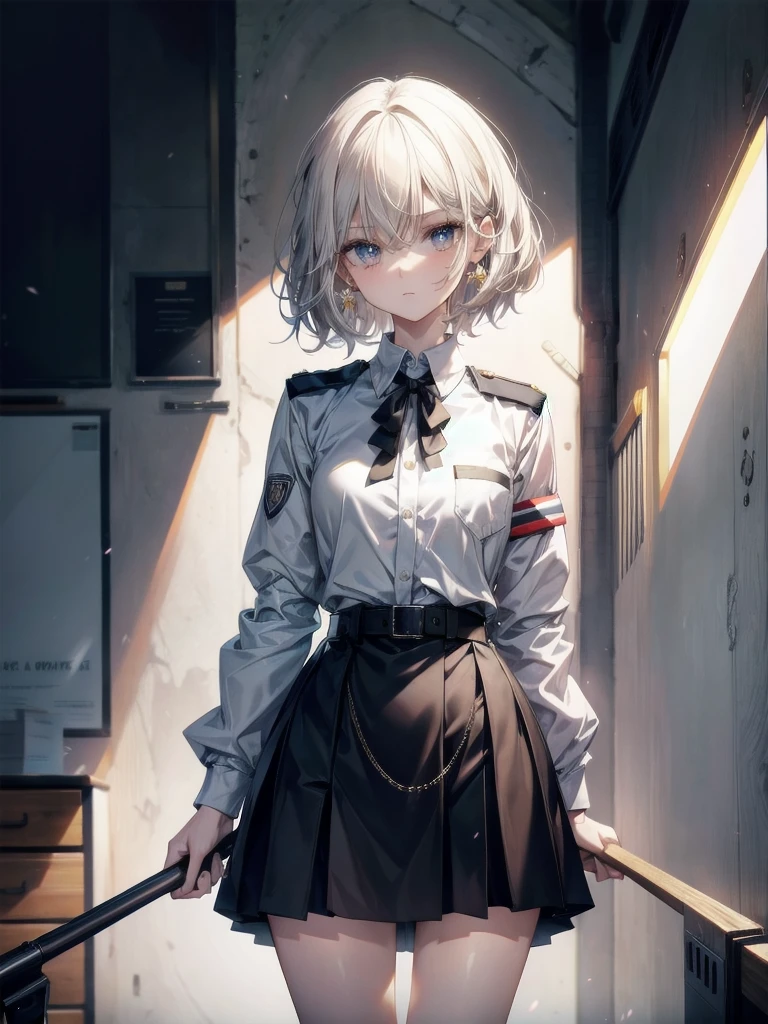 police uniform, collared shirt, skirt, absurdres, RAW photo, extremely delicate and beautiful, masterpiece, Best Quality, ultra high resolution, 32k, hyperrealistic, ultra-detailed, perfect figure, super Detailed skin, 20 years old, very Slim body, narrow waist, very small head, very small face, delicate facial features, tearful mole, earring, thin legs, whole body shot, short medium hair, wavy hair,