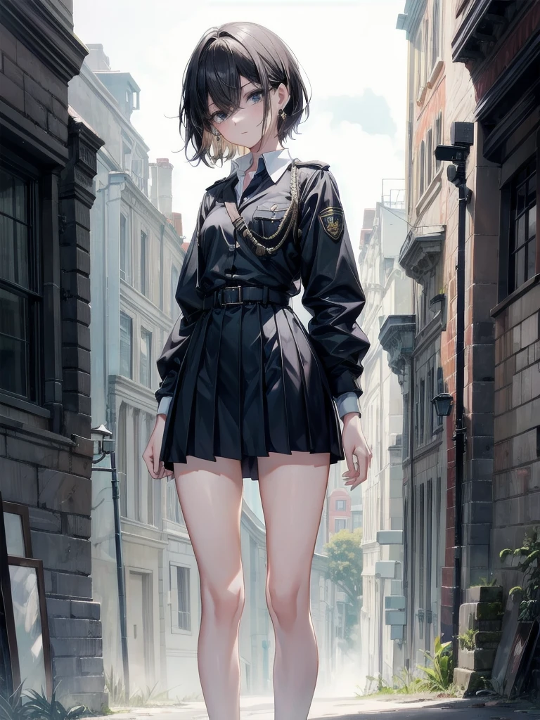 police uniform, collared shirt, skirt, absurdres, RAW photo, extremely delicate and beautiful, masterpiece, Best Quality, ultra high resolution, 32k, hyperrealistic, ultra-detailed, perfect figure, super Detailed skin, 20 years old, very Slim body, narrow waist, very small head, very small face, delicate facial features, tearful mole, earring, thin legs, whole body shot, short medium hair, wavy hair,