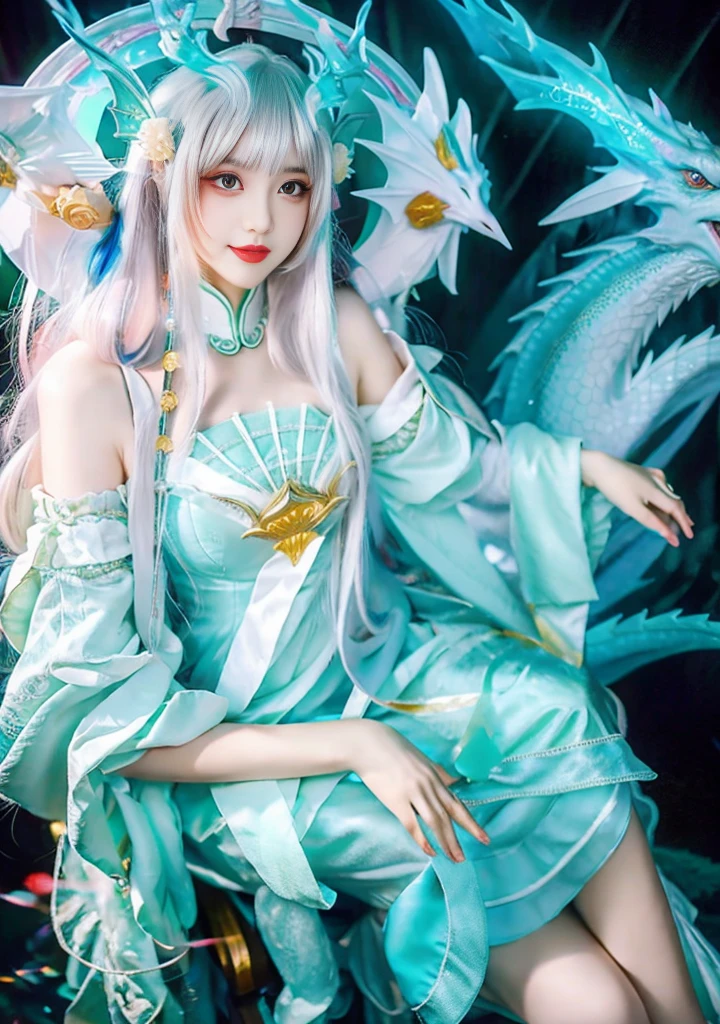 anime style image,Woman in blue dress and dragon headdress,Drank,White-haired God,Full Body Shanxia,Portrait of a Dragon Girl,Exterior、Sit on a chair