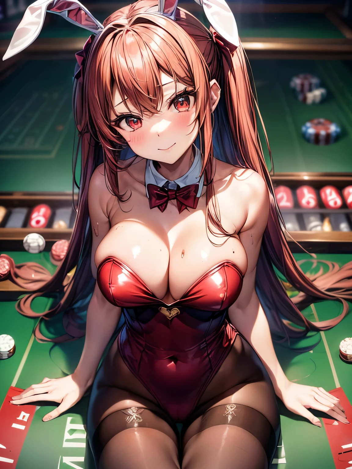 highest quality、Nice sexy body、One Woman、(solo)、((Beautiful busty woman:1.6))、Bunny girl、(Woman with dark red hair:1.3)、Long hair woman、((赤色のBunny girlレオタードを着た女性:1.3))、(Woman wearing red bow tie)、(A woman wearing brown pantyhose)、Smiling woman、((casino、slot、roulette))