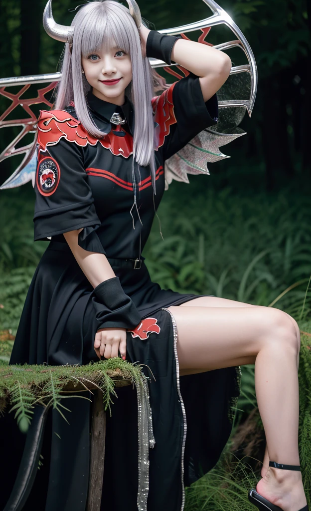 highest quality, 8k, Ultra-detailed, Red eyes, One Girl, devilish appearance, (silver hair in a bob cut:1.5), Red eyes, Kind eyes, (A carefree smile:1.2), (Black bat wings grow:1.5), (Black cow horns grow:1.3), Black Devilless, Beautiful black dress, solo, Upper Body, 12 years old, , Forest Background、sit