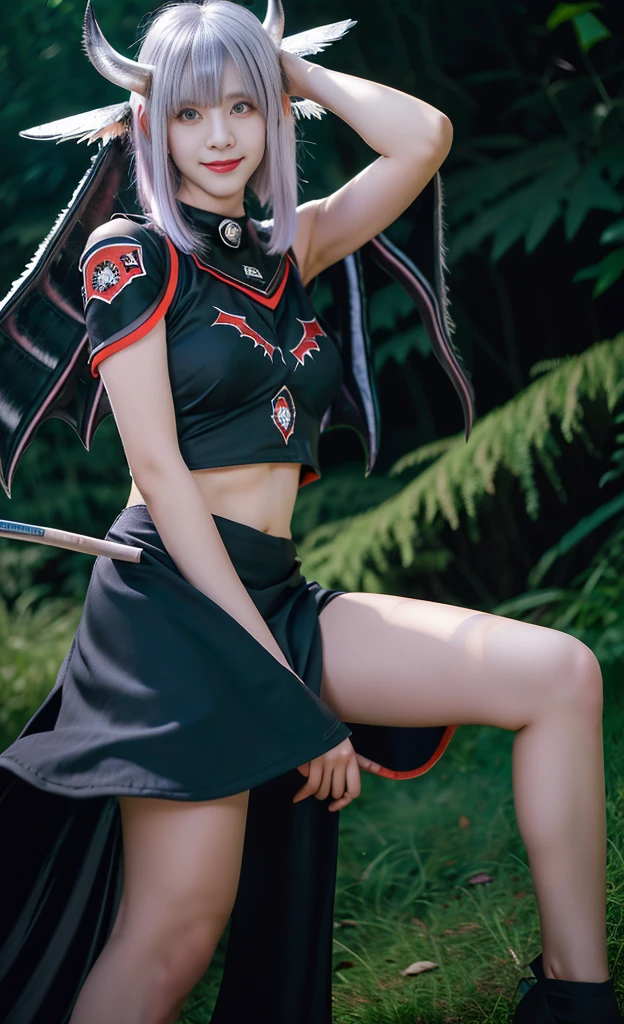 highest quality, 8k, Ultra-detailed, Red eyes, One Girl, devilish appearance, (silver hair in a bob cut:1.5), Red eyes, Kind eyes, (A carefree smile:1.2), (Black bat wings grow:1.5), (Black cow horns grow:1.3), Black Devilless, Beautiful black dress, solo, Upper Body, , , Forest Background、sit
